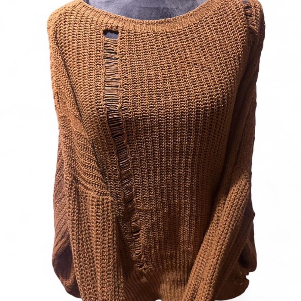 SHEIN Brown Distressed Knit Sweater